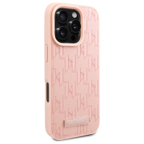 Karl Lagerfeld iPhone 16 Pro vāciņš Leather Monogram Metal Logo, rozā