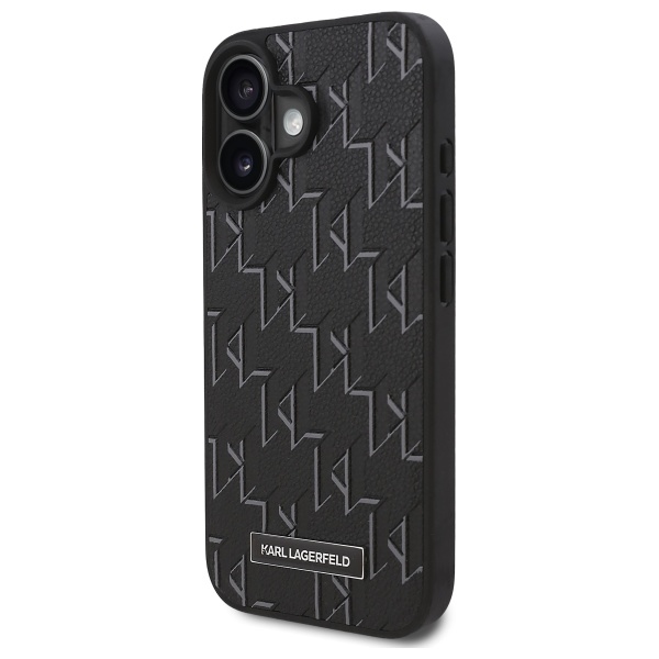 Karl Lagerfeld iPhone 16 Plus vāciņš Leather Monogram Metal Logo, melns