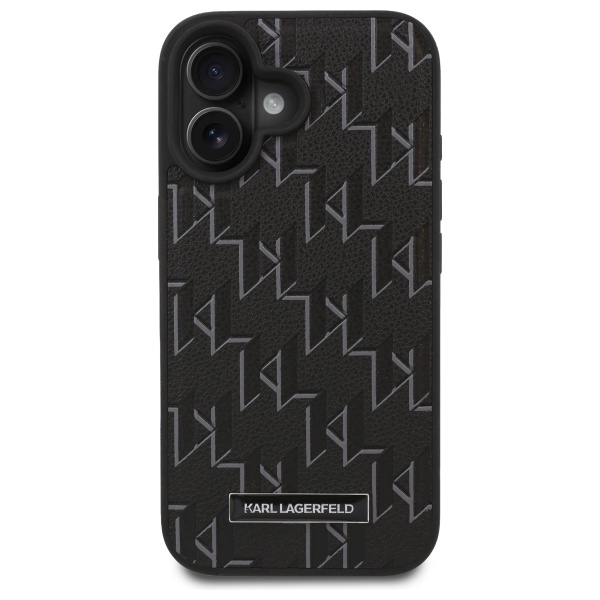 Karl Lagerfeld iPhone 16 Plus vāciņš Leather Monogram Metal Logo, melns