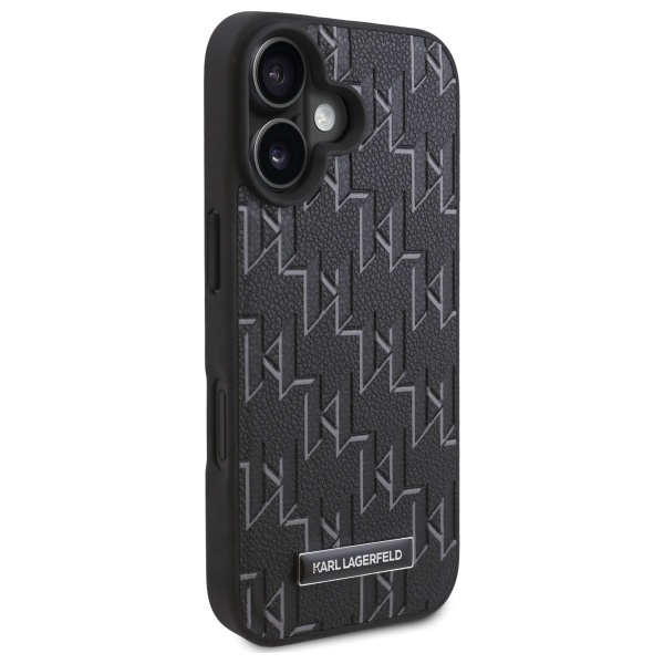 Karl Lagerfeld iPhone 16 Plus vāciņš Leather Monogram Metal Logo, melns