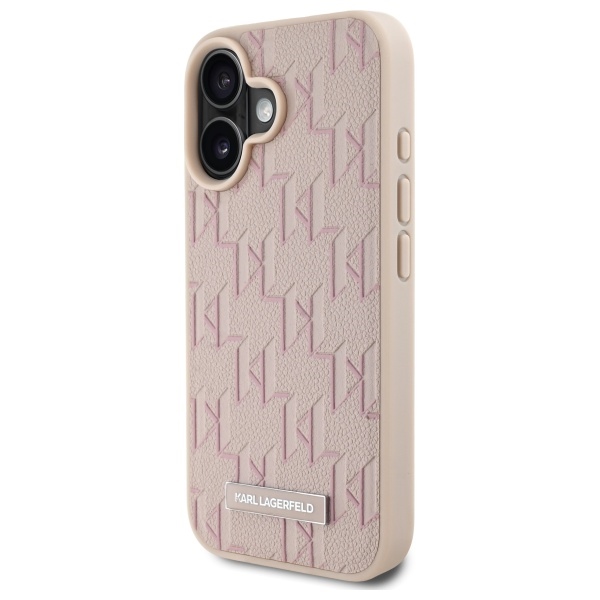 Karl Lagerfeld iPhone 16 vāciņš Leather Monogram Metal Logo MagSafe, rozā