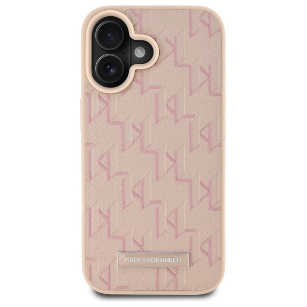 Karl Lagerfeld iPhone 16 vāciņš Leather Monogram Metal Logo MagSafe, rozā
