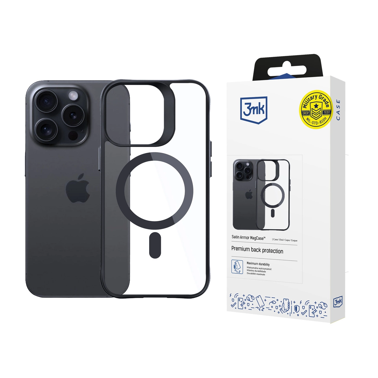 3mk iPhone 14 Pro Max Case Satin Armor MagCase, Clear with Black Frame