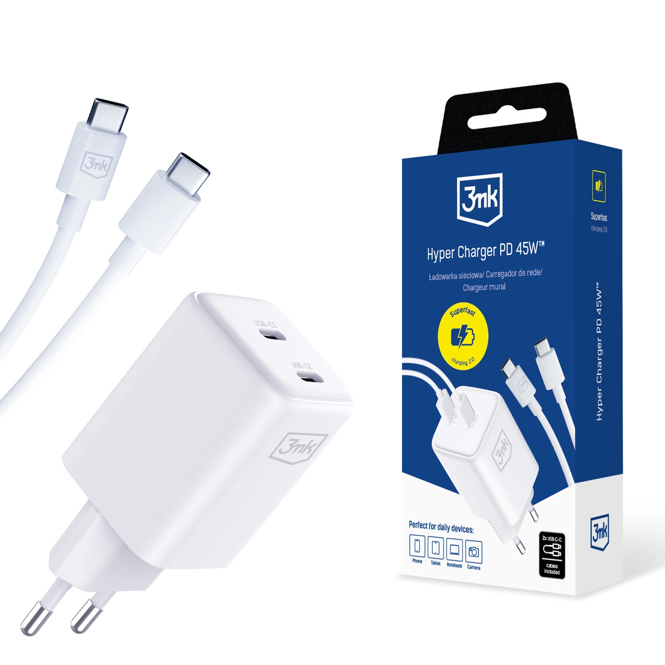 Аксессуары - 3mk Hyper Charger PD 45W+USB кабель C белый