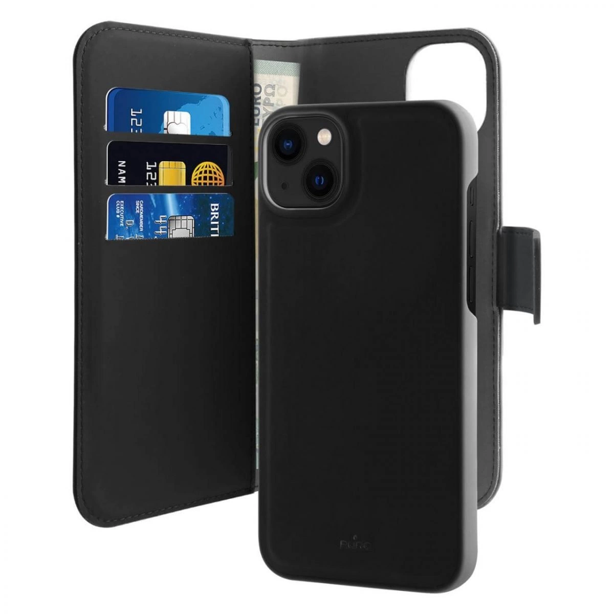 Puro Wallet Detachable MagSafe 2-in-1 eco-leather case with flap and wallet for iPhone 14 / 13 - black