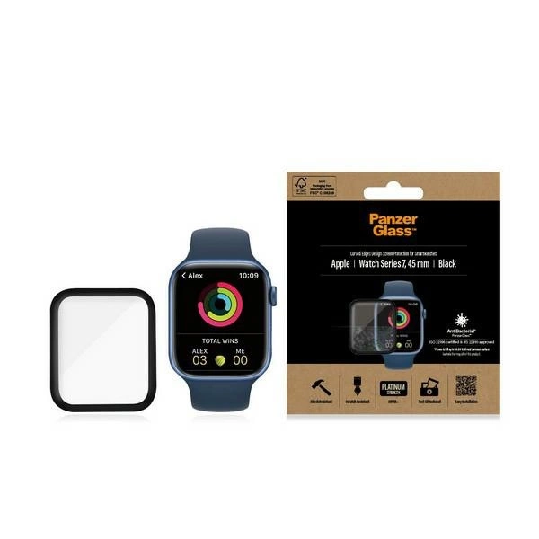 PanzerGlass izliekts Apple Watch 7 45mm antibakteriāls melns/melns | Curved Antibacterial black/black