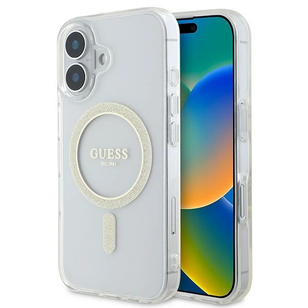 Guess iPhone 16 vāciņš IML Glitter Circle MagSafe, caurspīdīgs