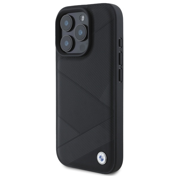 BMW iPhone 16 Pro Max vāciņš Sign Leather Crossing Lines Pattern, melns