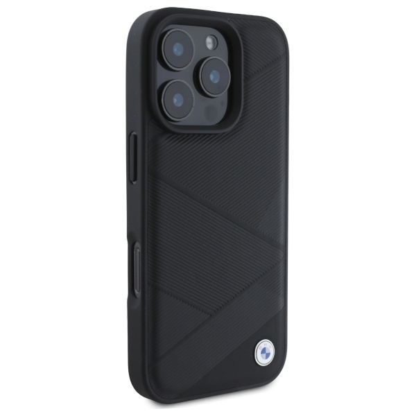 BMW iPhone 16 Pro Max vāciņš Sign Leather Crossing Lines Pattern, melns