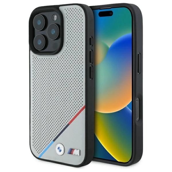 BMW BMHMP16X23PUPDG iPhone 16 Pro Max 6,9" pelēks/pelēks cietais futrālis M Perforēta trīskrāsu līnija...