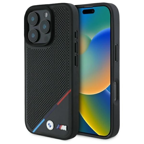 BMW BMHMP16X23PUPDK iPhone 16 Pro Max 6,9" melns/ melns cietais futrālis M Perforēta trīskrāsu līnija MagSafe...