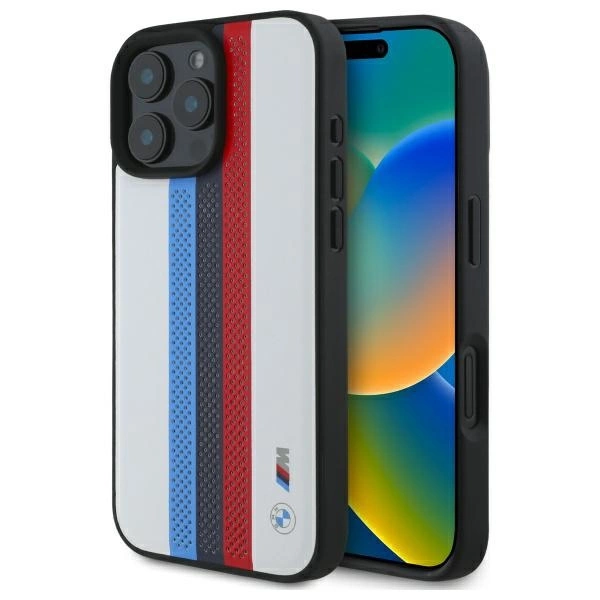 BMW BMHMP16X23PUPTH iPhone 16 Pro Max 6.9" balts/balts cietais futrālis M Perf. Trīskrāsu apdrukātas svītras...