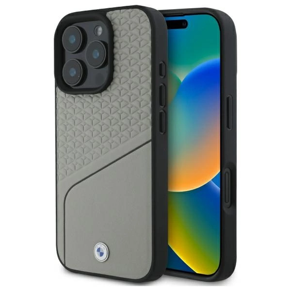 BMW BMHMP16X23RDCLG iPhone 16 Pro Max 6,9" pelēks/pelēks cietais futrālis ar zīmi Leather Textured un Line...
