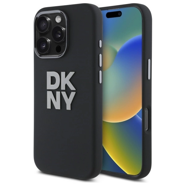 DKNY DKHCP16LSMCBSK iPhone 16 Pro 6.3" melns/pelēks cietais futrālis ar silikona un metāla logotipu |...