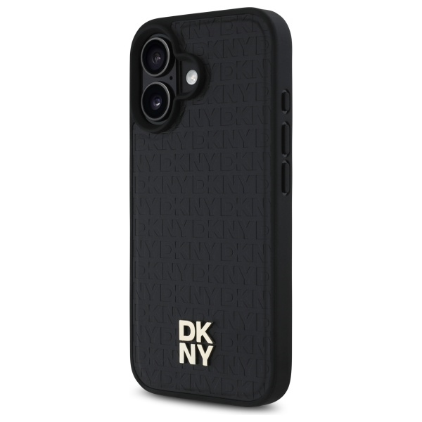 DKNY iPhone 16 vāciņš Repeat Pattern Stack Logo MagSafe, melns