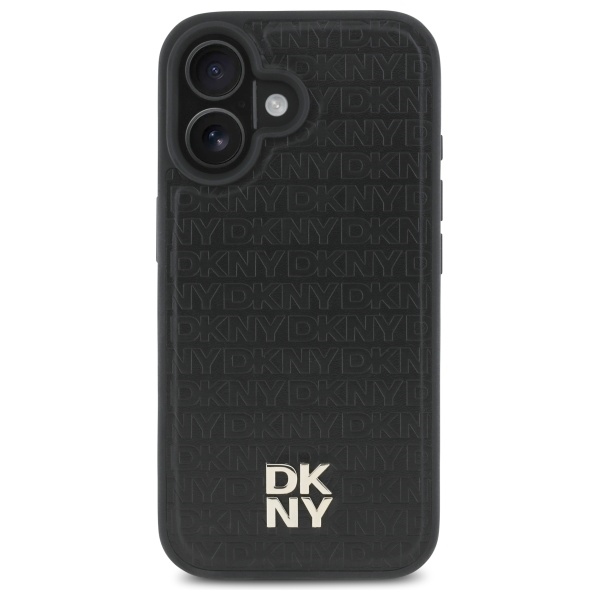 DKNY iPhone 16 vāciņš Repeat Pattern Stack Logo MagSafe, melns