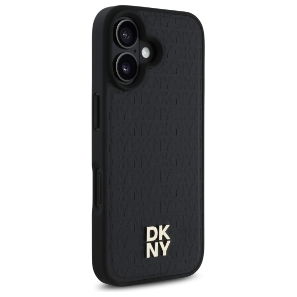 DKNY iPhone 16 vāciņš Repeat Pattern Stack Logo MagSafe, melns