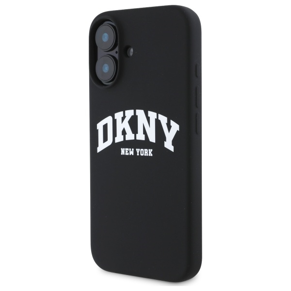 DKNY iPhone 16 vāciņš Silicone White Printed Logo MagSafe, melns