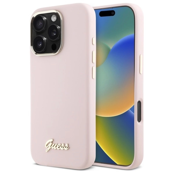 Guess GUHCP16LSMBSLP iPhone 16 Pro 6,3" rozā/rozā cietais futrālis ar silikona uzrakstu, metāla logotipu un...