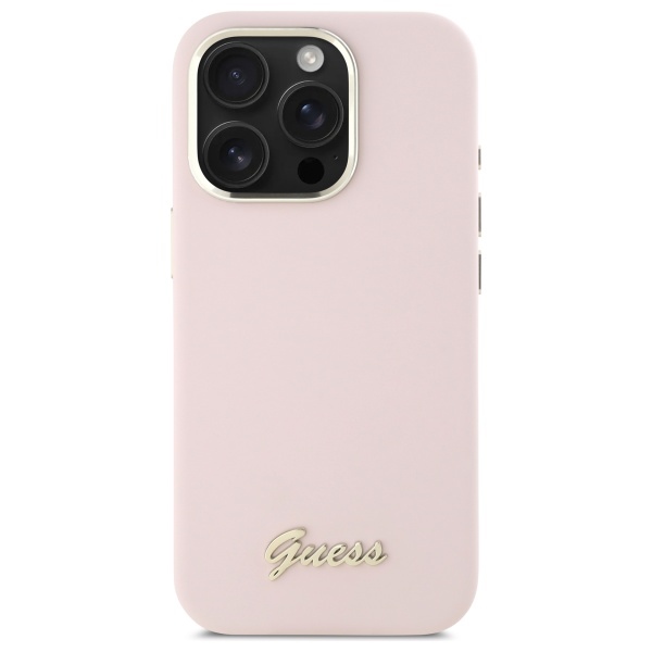 Чехол Guess для iPhone 16 Pro Silicone Script Metal Logo & Frame, розовый