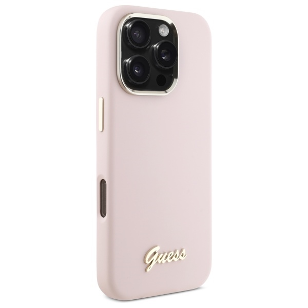 Чехол Guess для iPhone 16 Pro Silicone Script Metal Logo & Frame, розовый
