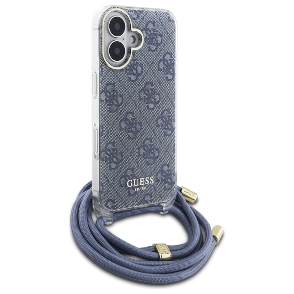 Чехол Guess для iPhone 16 Crossbody Cord 4G Print со шнурком, синий