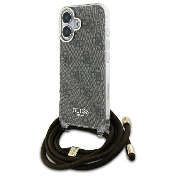 Guess iPhone 16 vāciņš Crossbody Cord 4G Print ar aukliņu, brūns