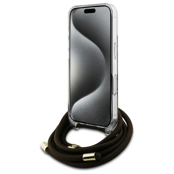 Guess iPhone 16 vāciņš Crossbody Cord 4G Print ar aukliņu, brūns
