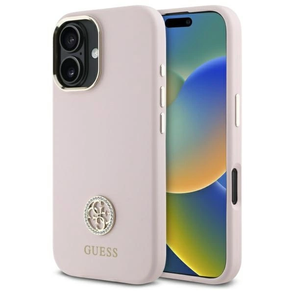 Guess iPhone 16 vāciņš Silicone Logo Strass 4G, gaiši rozā