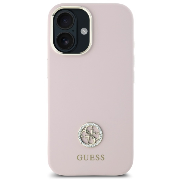 Guess iPhone 16 vāciņš Silicone Logo Strass 4G, gaiši rozā