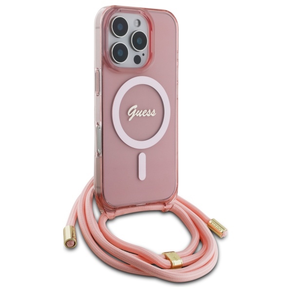 Guess iPhone 16 Pro vāciņš Crossbody Cord Script MagSafe, rozā