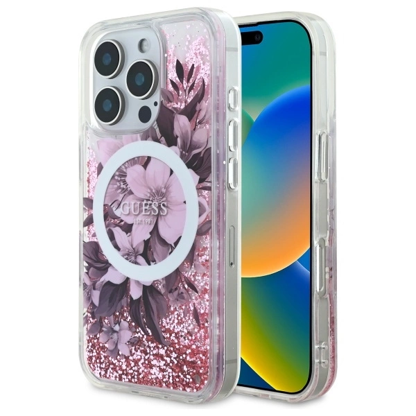 Guess GUHMP16LLFMWTP iPhone 16 Pro 6.3" pink/pink hardcase Liquid Glitter Flower MagSafe