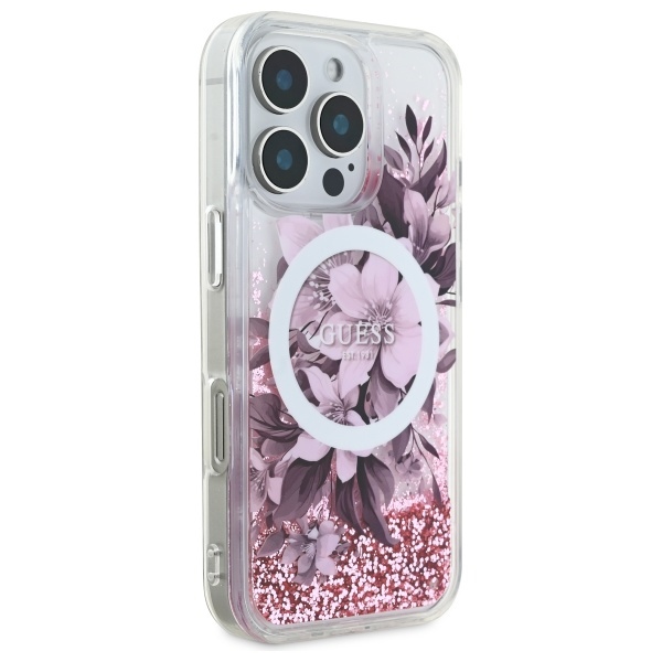 Guess GUHMP16LLFMWTP iPhone 16 Pro 6.3" rozā/rozā cietais futrālis Liquid Glitter Flower MagSafe | pink/pink...
