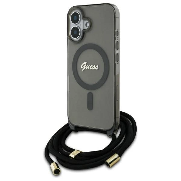 Guess iPhone 16 vāciņš Crossbody Cord Script MagSafe, melns