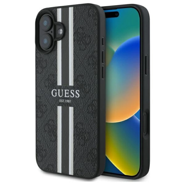 Guess iPhone 16 vāciņš 4G Printed Stripes MagSafe, melns