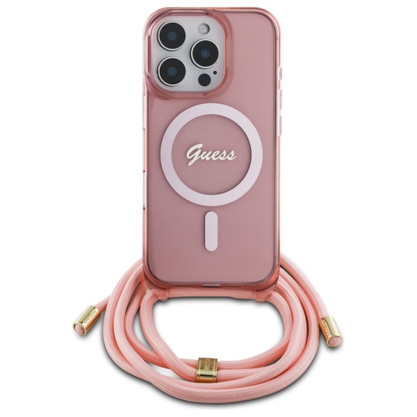 Guess iPhone 16 Pro Max Case Crossbody Cord Script MagSafe, Pink