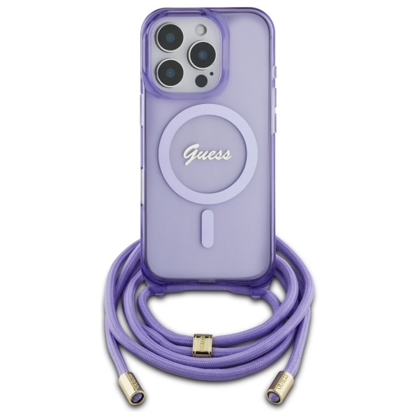 Guess iPhone 16 Pro Max vāciņš Crossbody Cord Script MagSafe, violets