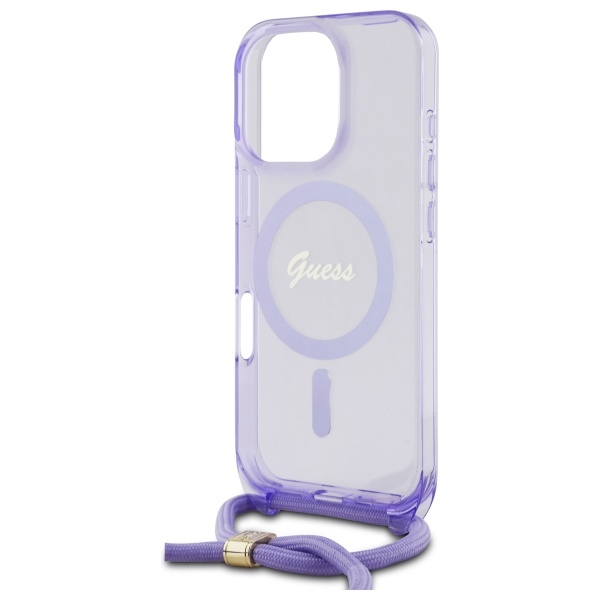 Guess iPhone 16 Pro Max vāciņš Crossbody Cord Script MagSafe, violets