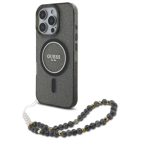 Guess GUHMP16XHGGCRELSK iPhone 16 Pro Max 6,9" melns/ melns cietais futrālis IML Glitter ar pērļu siksniņu...