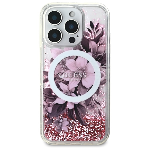 Guess GUHMP16XLFMWTP iPhone 16 Pro Max 6.9" pink/pink hardcase Liquid Glitter Flower MagSafe