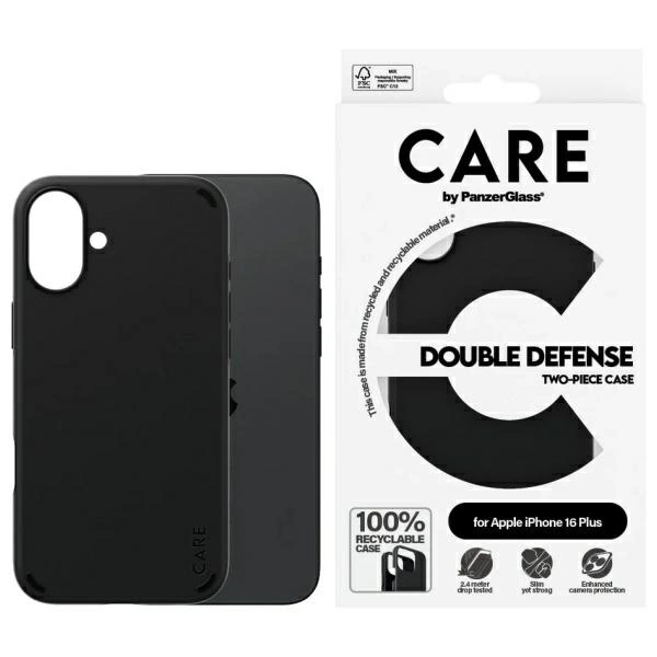 PanzerGlass iPhone 16 Plus vāciņš CARE Feature Double Defense, melns
