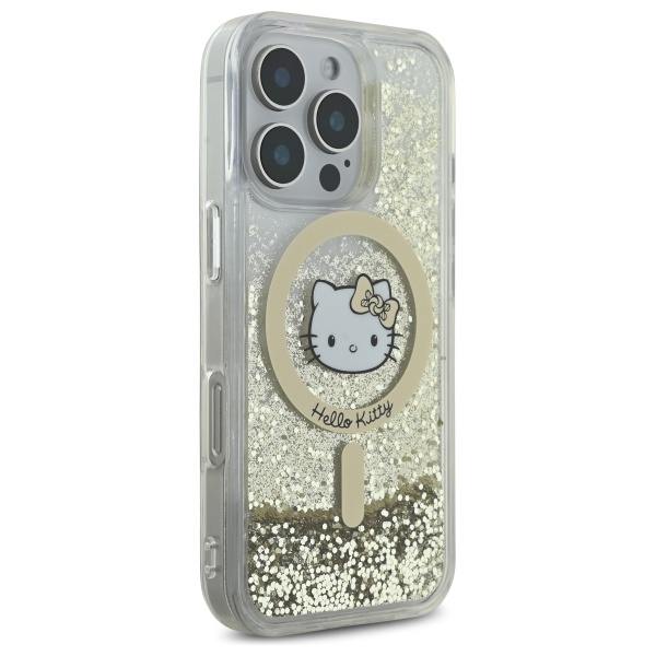 Чехол Hello Kitty для iPhone 16 Pro Liquid Glitter Fever MagSafe, золотой