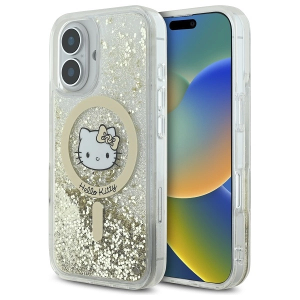 Hello Kitty iPhone 16 vāciņš Liquid Glitter Fever MagSafe, zeltīts