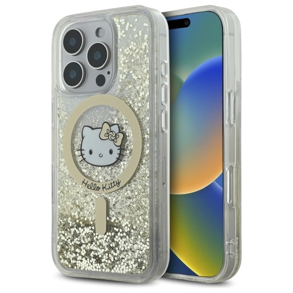 Hello Kitty iPhone 16 Pro Max vāciņš Liquid Glitter Fever MagSafe, zelta