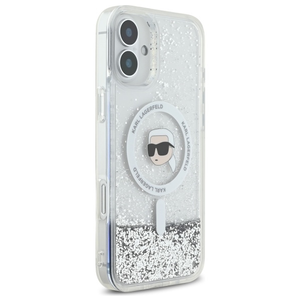Karl Lagerfeld iPhone 16 vāciņš Liquid Glitter Karl Head MagSafe, caurspīdīgs