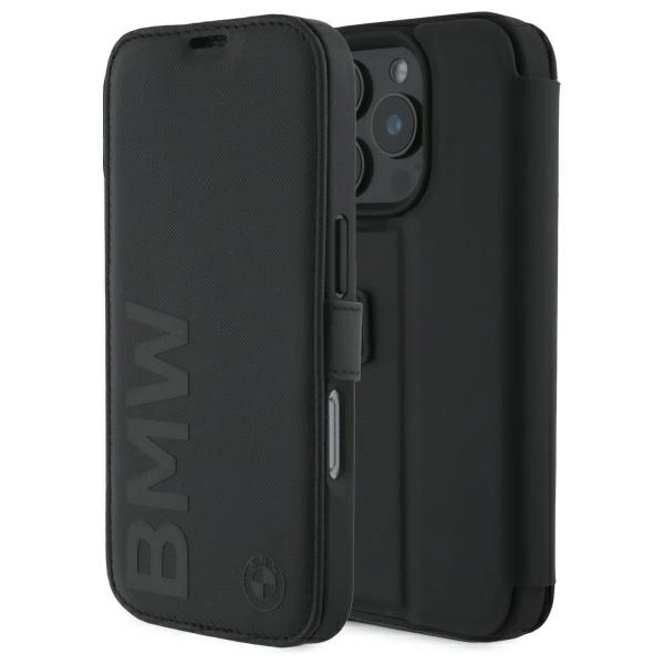 BMW BMBKP16X23RMRLK iPhone 16 Pro Max 6,9" melns/pelēks grāmatu vāciņš Signature Leather Wordmark | 6.9"...