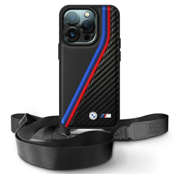BMW iPhone 16 Pro Case M Edition Carbon Tricolor Lines & Strap, Black