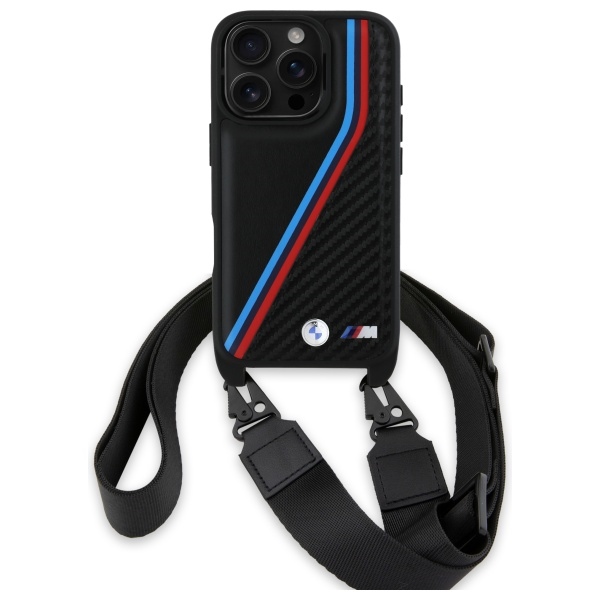 BMW iPhone 16 Pro vāciņš M Edition Carbon Tricolor Lines & Strap, melns