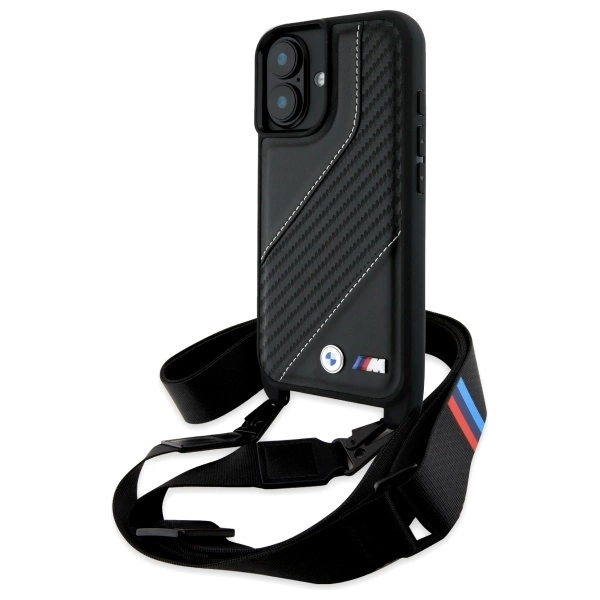 BMW iPhone 16 Plus Case M Edition Carbon Stripe & Strap - Black