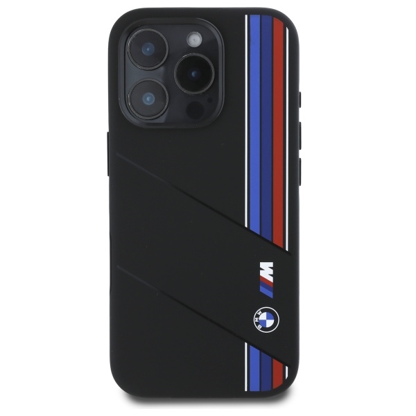 BMW iPhone 16 Pro Case Silicone Cut Tricolor Lines MagSafe, Black
